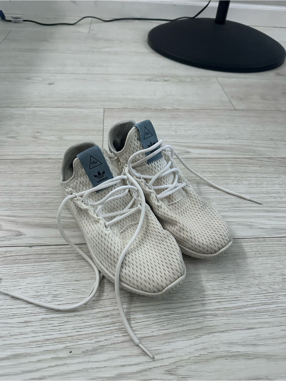 adidas Off-White Knit Sneakers with Light Blue Tongue Tab